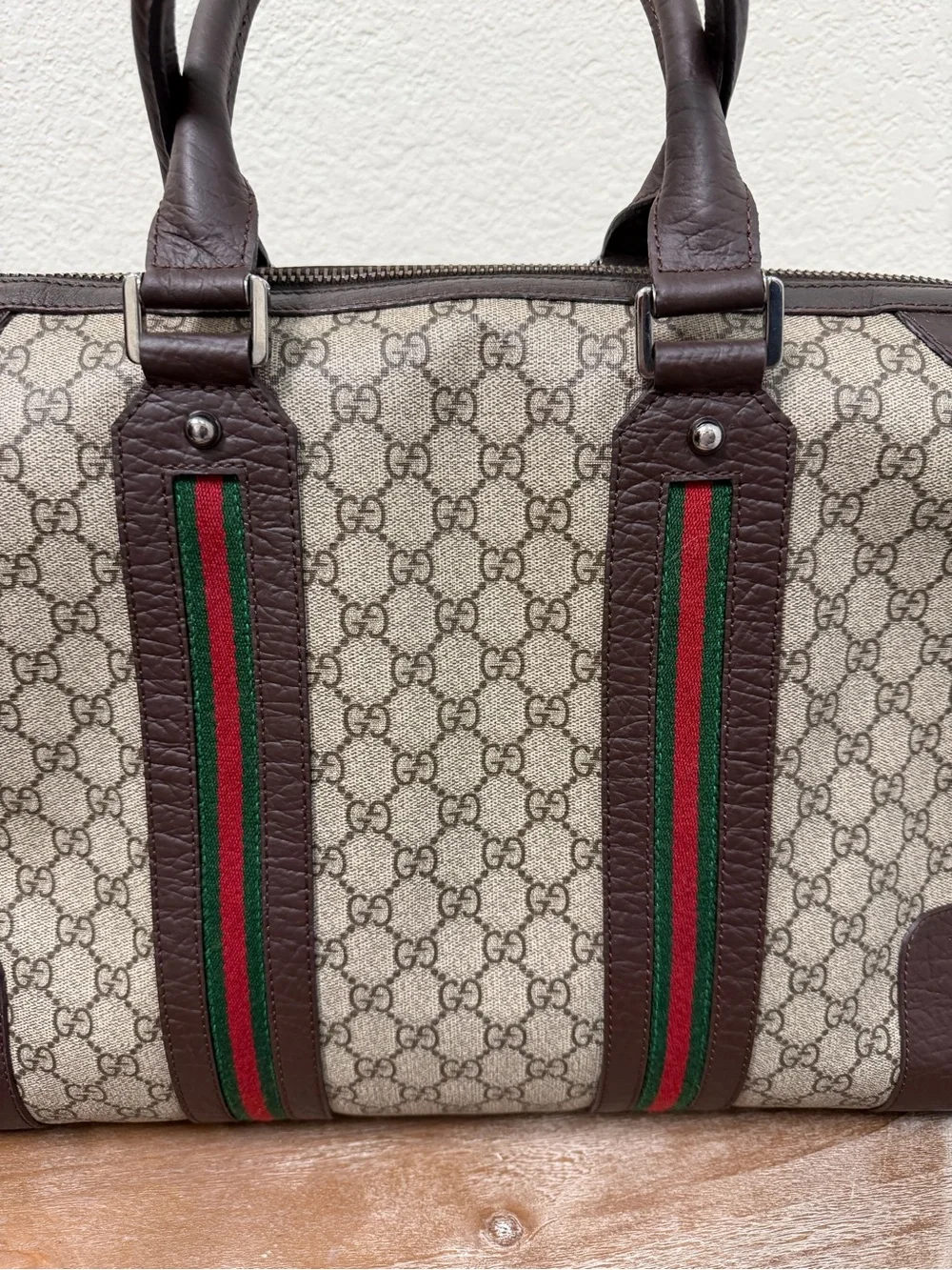 Gucci Beige GG Canvas Travel/Briefcase with Brown Leather and Green-Red Web